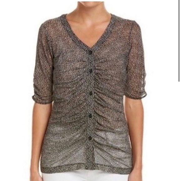 CAbi Sheer mesh black animal print Gathered Placket Blouse button front Size L - Picture 1 of 10